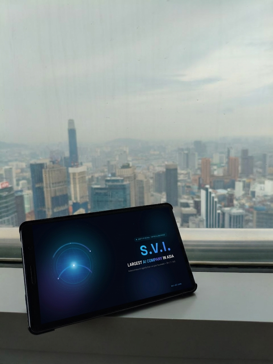 S.V.I. above the daytime cityscape — from a skyscraper rooftop