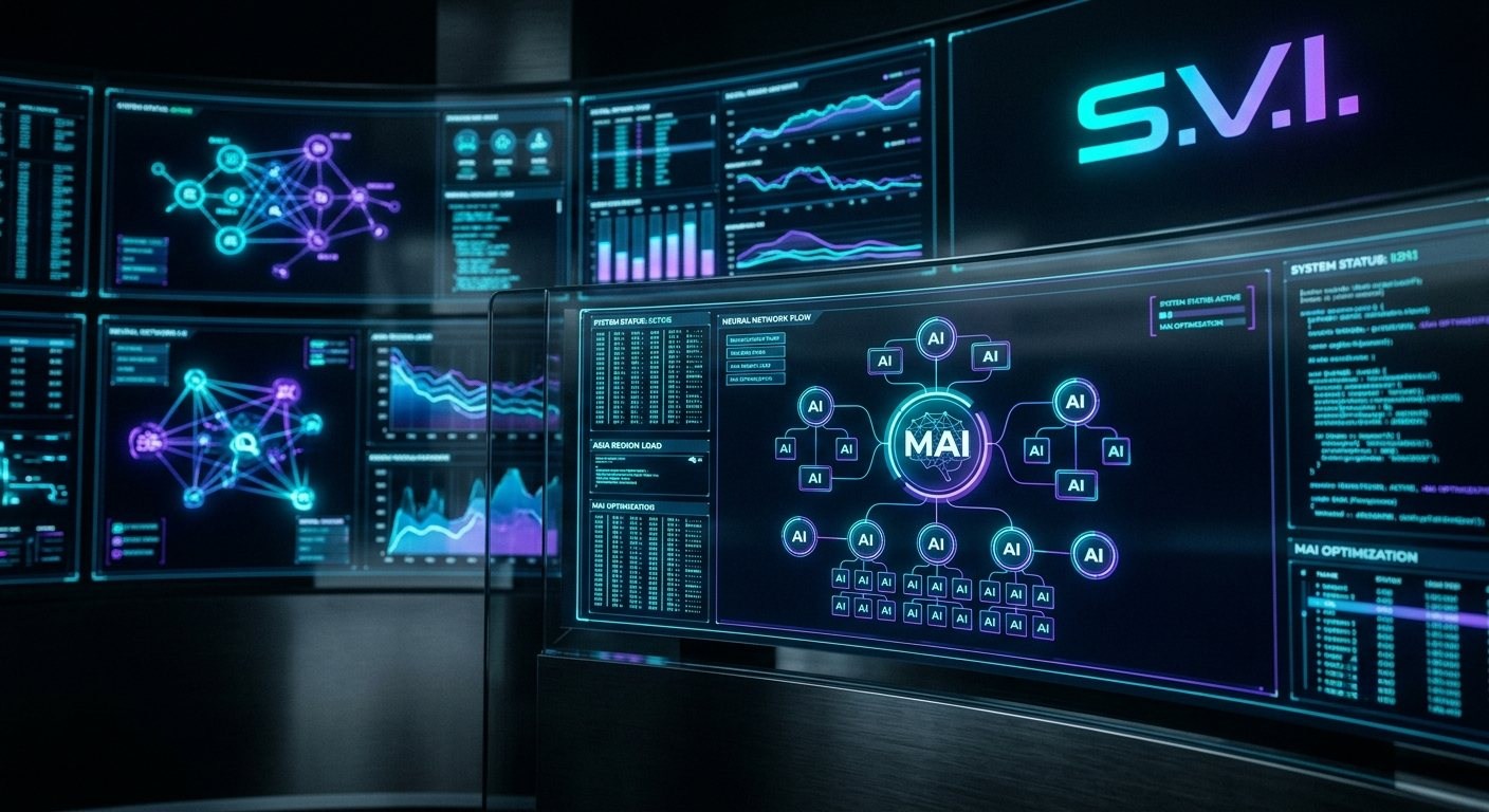 S.V.I. professional render — workspace with monitors and AI agents